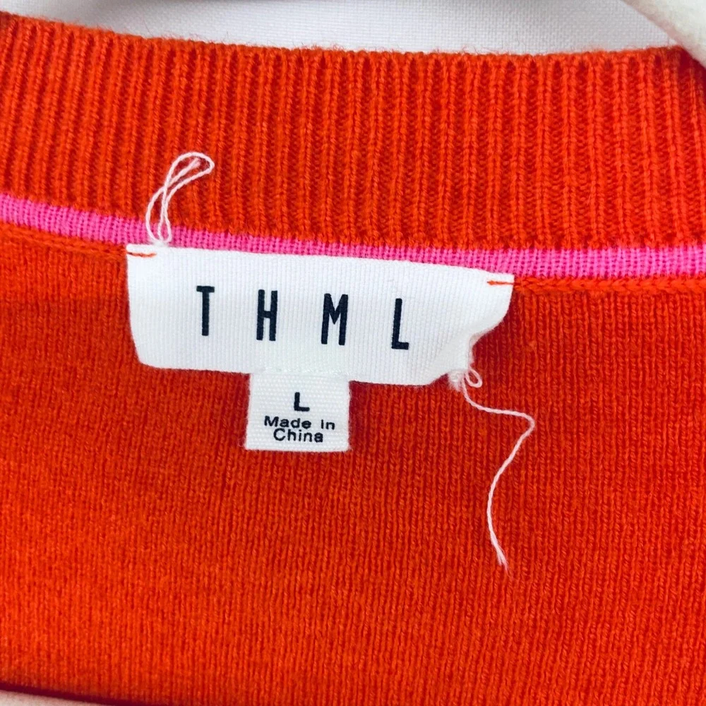 THML Women Size Large Sweater Vest Orange Pink V-Neck Knit Sleeveless Preppy